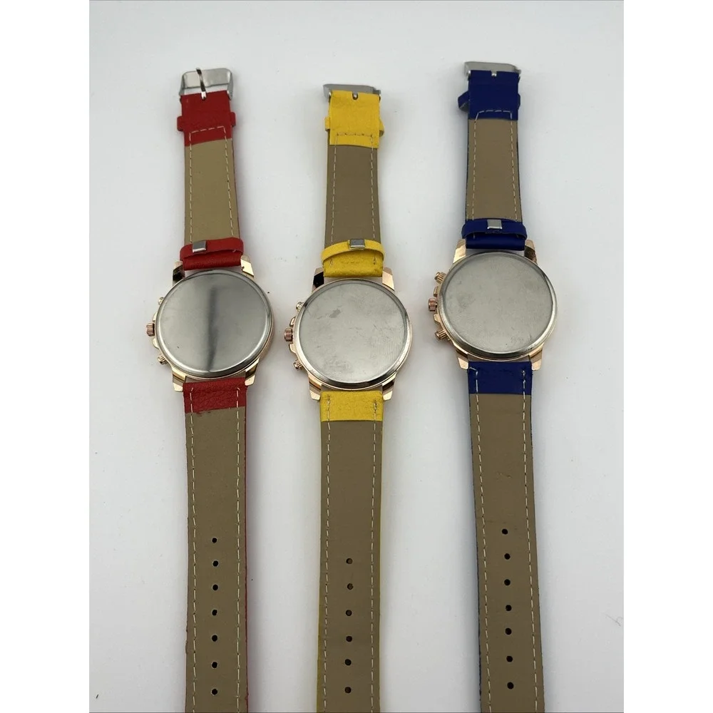 Liu Times Set of 3 Watches Red, Blue & Yellow Rose Gold Cases- New‎ Batteries